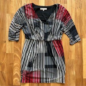 Trina Turk abstract mod red black white stripes V-neck party dress, size 8